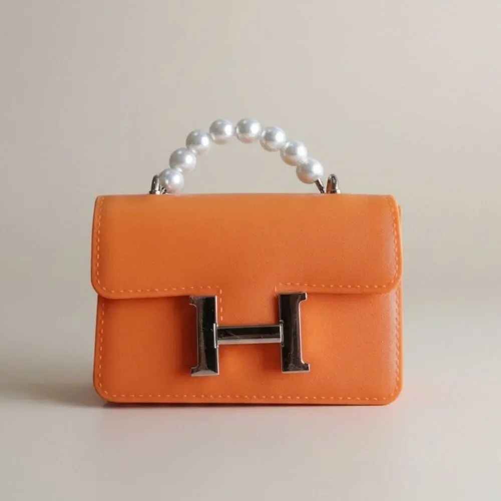 Girls Orange Mini Handbag Pearl Handle H Buckle Plastic Toy Purse